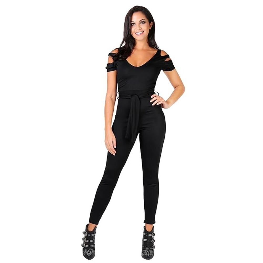 Krisp Black Cut-Out Cold Shoulder Short Sleeve Jumpsuit Women's Size 8